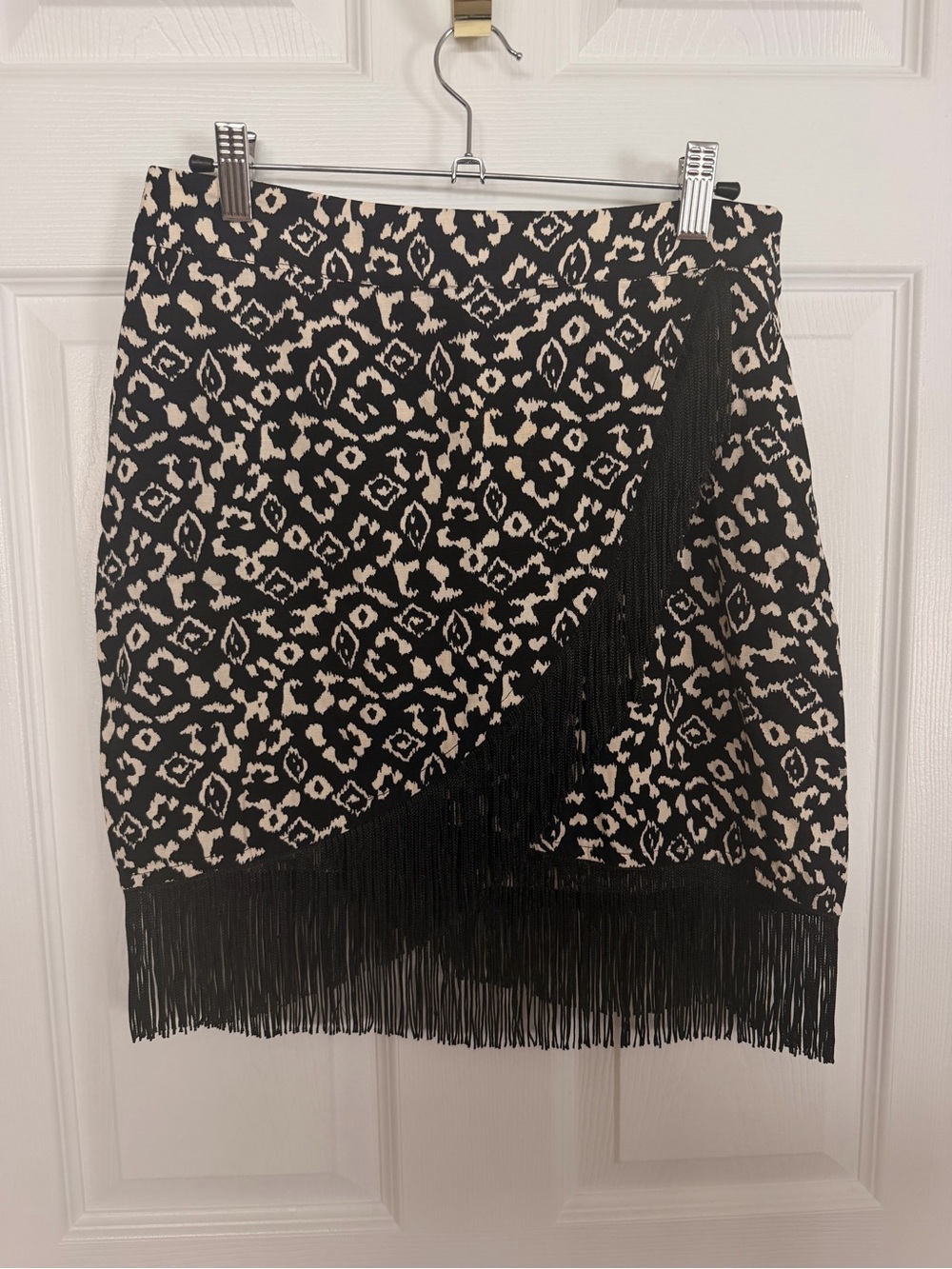 Zara Black and Cream Fringe Wrap-Style Mini Skirt
